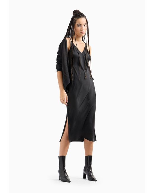 Armani Exchange Black Long Dress In Satin Satin With Plunging Neckline