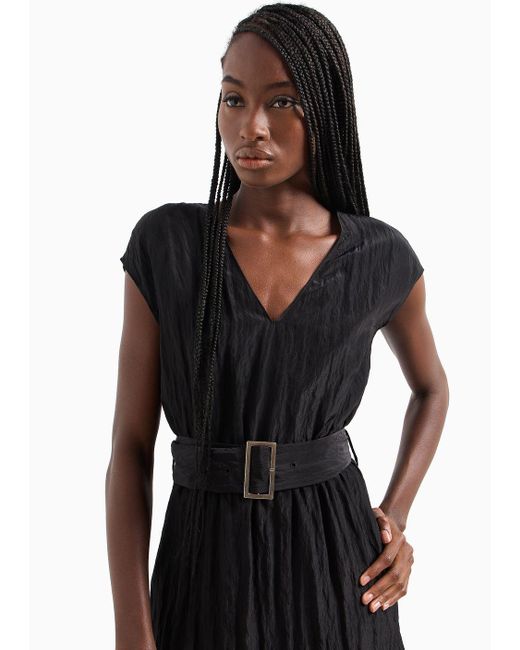 Armani Exchange Black Flared Sleeveless Ruffle Dress Wrinkle Satin Fabric