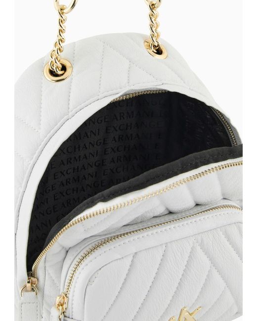 Armani Exchange White Backpack In Matelassé Fabric With Logo