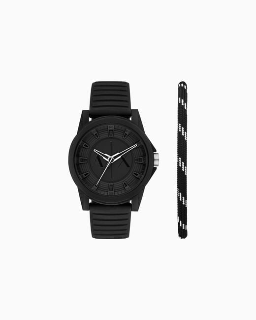Conjunto De Reloj Y Pulsera De Silicona Negra De Tres Agujas ARMANI EXCHANGE de hombre de color Black