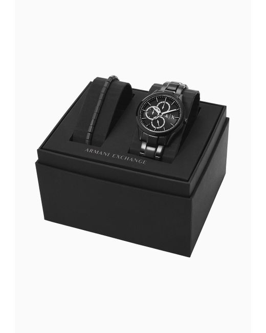 Armani Exchange Set Aus Schwarzer Multifunktionsuhr Aus Edelstahl Und Armband in Black für Herren