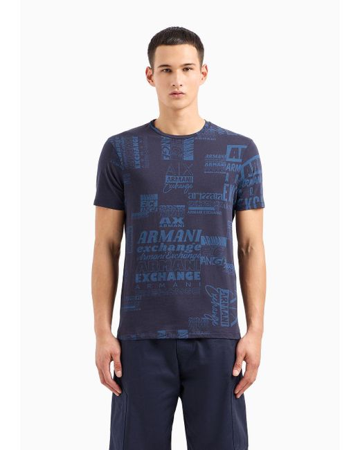 Armani Exchange Blue Regular Fit T-shirt In Asv Organic Cotton With Allover Lettering Print for men