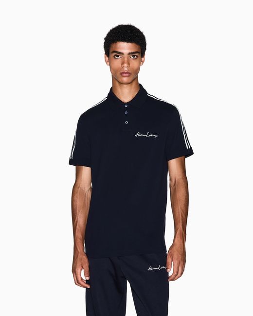 ARMANI EXCHANGE Blue Stretch Cotton Piquet Polo With Stripes And Logo Essential for men