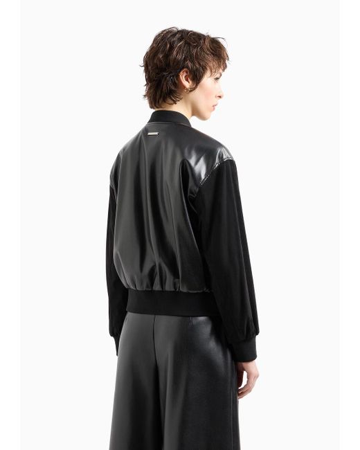 Armani Exchange Black Faux Leather Contrasting Sleeves Bomber Jacket