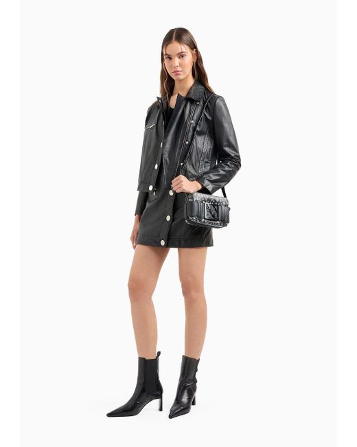 Armani Exchange Black Leather Miniskirt With Diagonal Buttoning