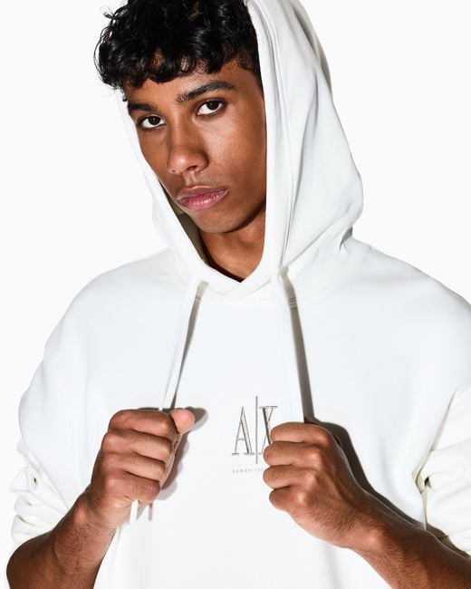 ARMANI EXCHANGE White Stretch Cotton Hoodie With A Kangaroo Pocket And Logo Icon for men