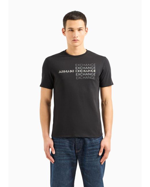 T-shirt Regular Fit In Cotone Con Stampa Metal di Armani Exchange in Black da Uomo