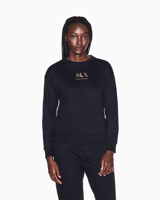 ARMANI EXCHANGE Blue Solid Color French Terry Cotton Crew Neck Sweatshirt