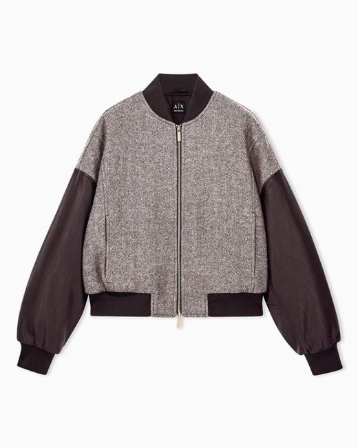 ARMANI EXCHANGE Brown Blouson Jacket Fit Recycled Herringbone Wool Coated Trim