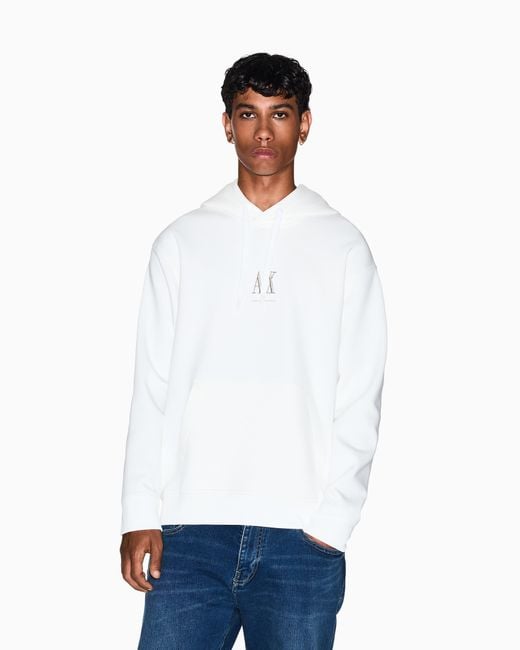 ARMANI EXCHANGE White Stretch Cotton Hoodie With A Kangaroo Pocket And Logo Icon for men