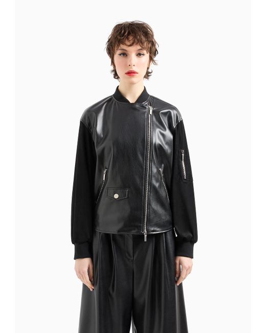 Armani Exchange Black Faux Leather Contrasting Sleeves Bomber Jacket
