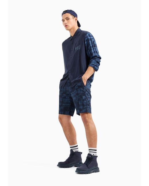 Armani Exchange Blue Shorts In Camouflage Patterned Cotton Gabardine for men