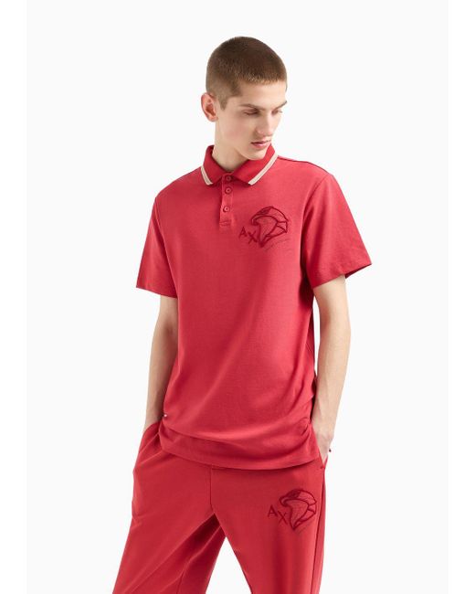 Armani Exchange Red Regular Fit Pique Polo Shirt With Embroidery for men