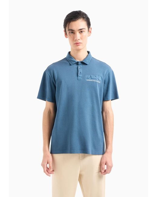 Armani Exchange Blue Regular Fit Cotton Polo Shirt With Short Sleeves And Logo for men