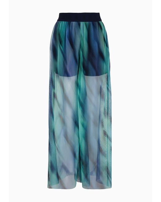 Armani Exchange Blue Wide Trousers In See-through Tulle