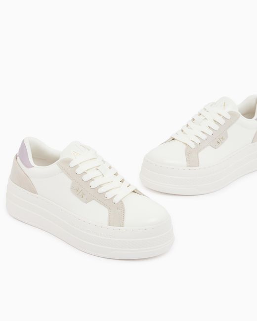 ARMANI EXCHANGE White Low Cut Sneakers With Coated And Split Leather Upper