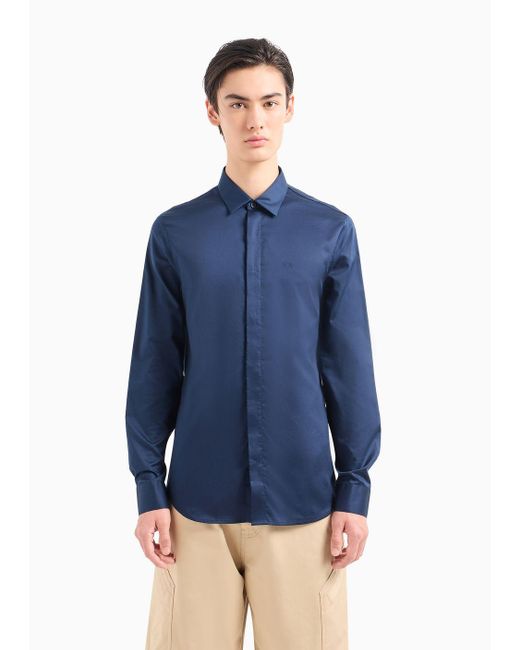 Armani Exchange Blue Slim Fit Shirt In Cotton Poplin for men