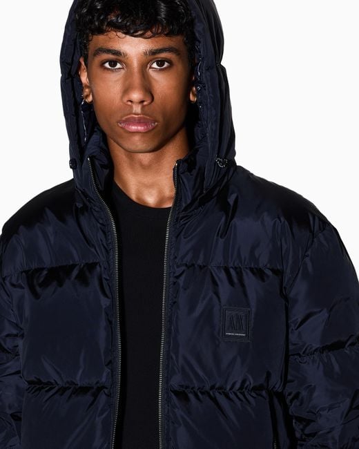 ARMANI EXCHANGE Blue Hooded Down Jacket With An Ultralight Quilted Design Icon for men