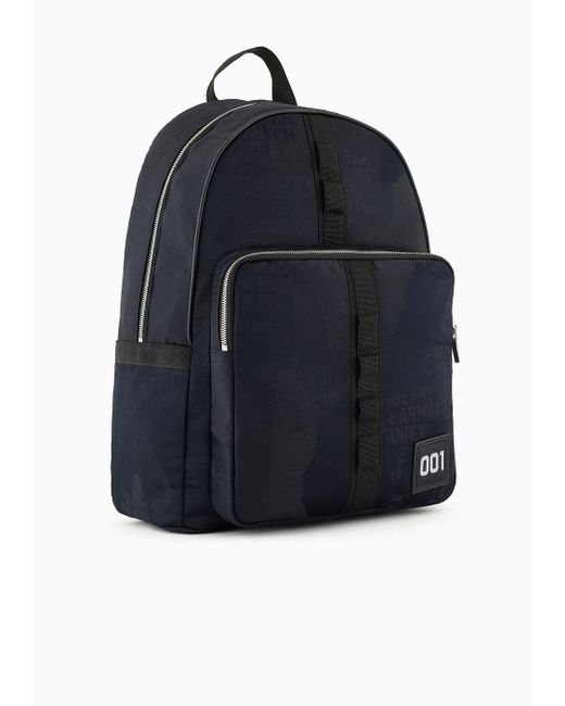 Armani Exchange Blue Fabric Backpack With Allover Logo for men