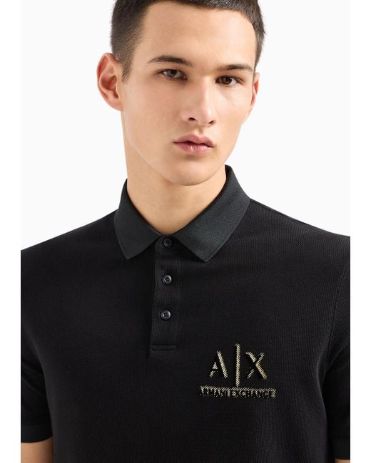Armani Exchange Black Regular Fit Polo Shirt In Cotton Pique With Flocked Logo for men