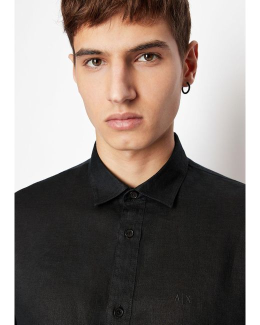 Armani Exchange Black Regular Fit Linen Shirt for men