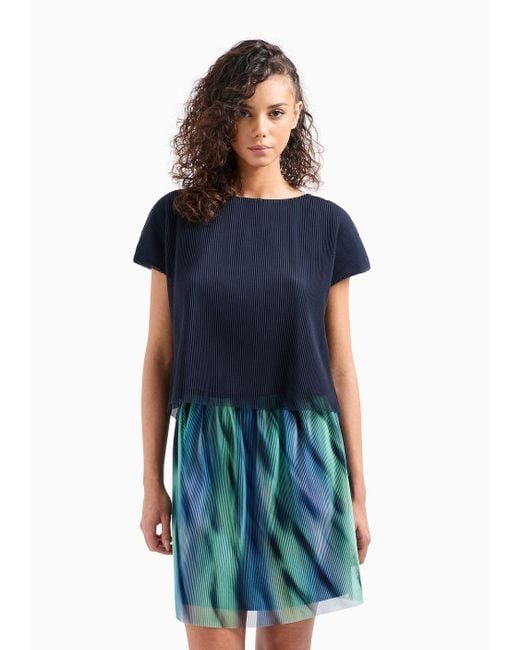 Armani Exchange Blue Short-sleeved Blouse In Pleated Fabric