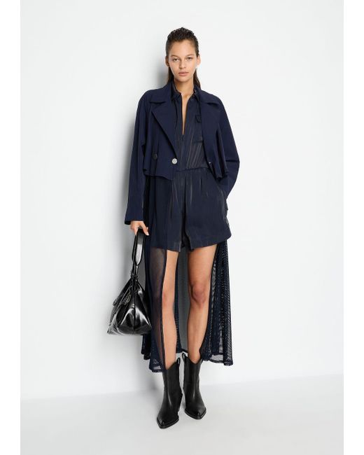 Armani Exchange Blue Double-breasted Trench Coat In Stretch Ripstop Nylon