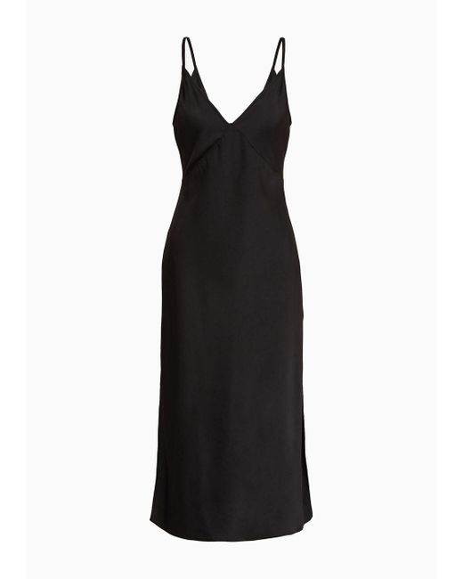 Armani Exchange Black Long Dress In Satin Satin With Plunging Neckline