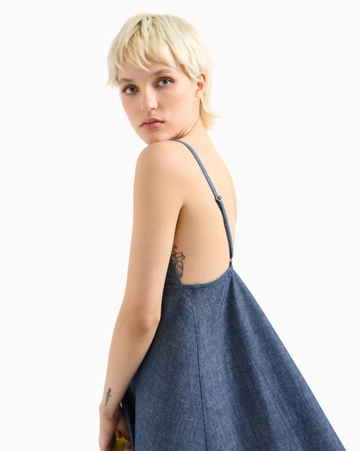 ARMANI EXCHANGE Blue Cotton Chambray Pleated Dress