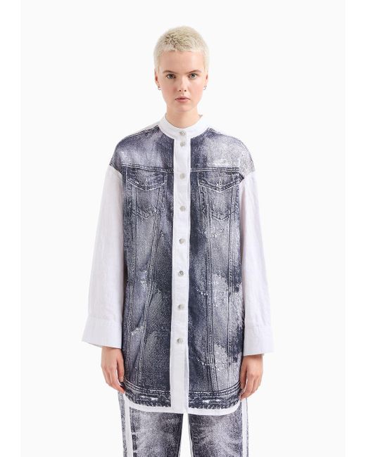 Armani Exchange Blue Oversized Linen And Cotton Shirt With Denim Print Insert