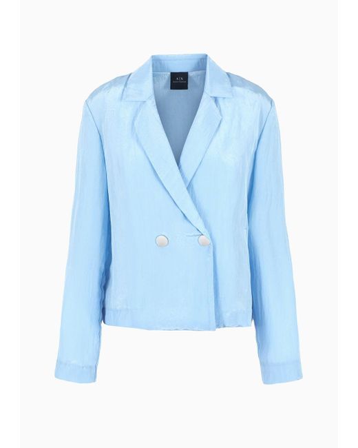 Armani Exchange Blue Double-breasted Jacket In Wrinkle Satin Fabric