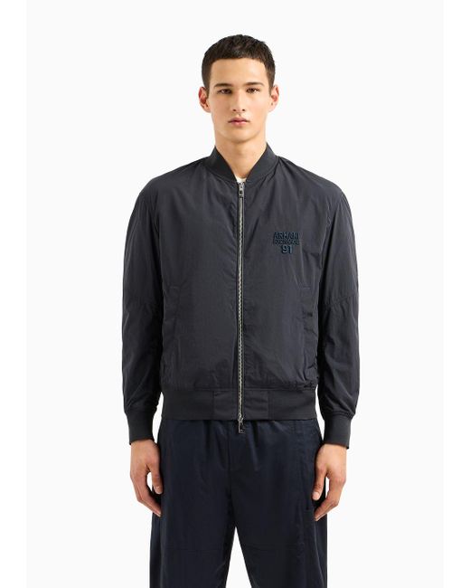 Armani Exchange Blue Bomber Jacket In Full Zip Crinkle Fabric for men