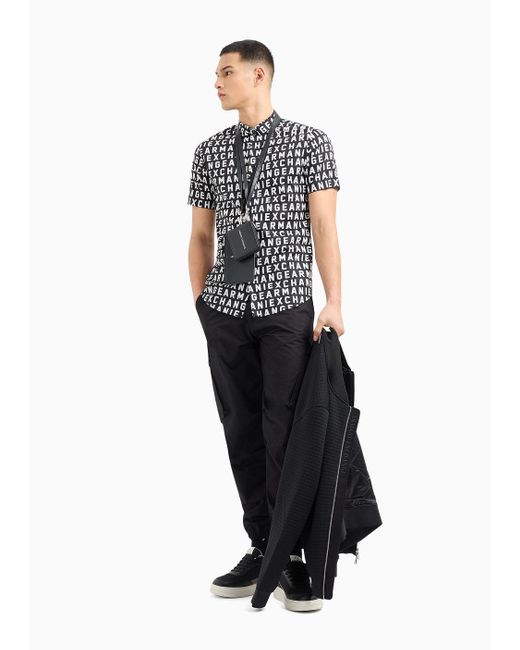 Armani Exchange Black Slim-fit Shirt With Short Sleeves In Patterned Cotton for men
