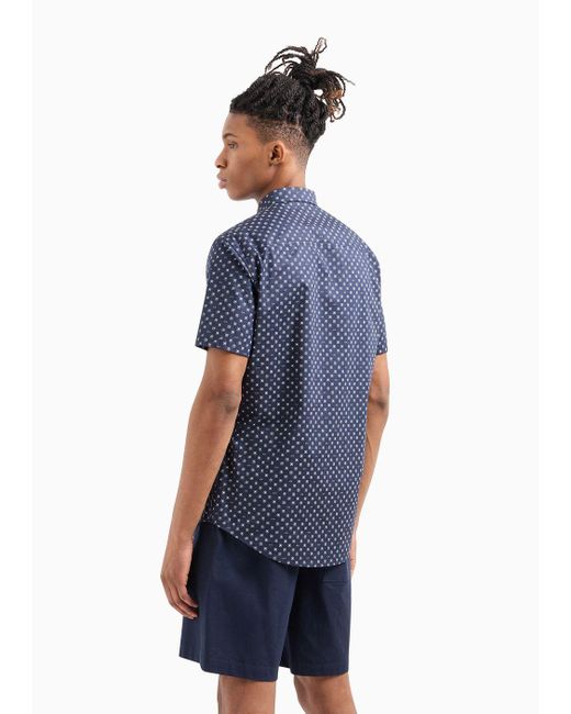 Armani Exchange Blue Slim-fit Shirt With Short Sleeves In Patterned Cotton for men