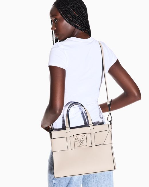ARMANI EXCHANGE Natural Large Tote Bag With Double Handles And Shoulder Strap