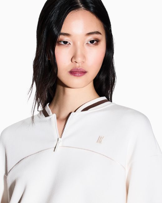 ARMANI EXCHANGE White Cropped Sweatshirt With Zip And Contrasting Profiles
