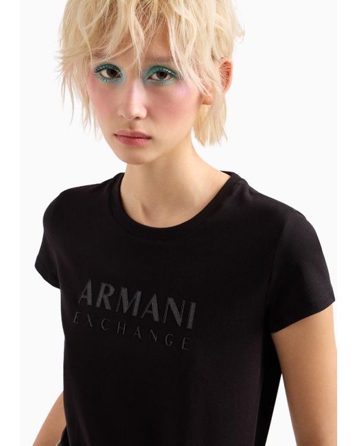 Armani Exchange Black Slim Fit T-shirt In Asv Stretch Organic Cotton With Glitter Logo
