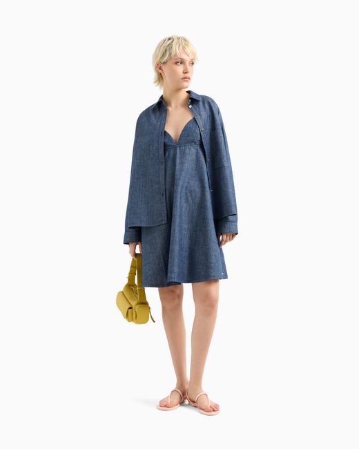 ARMANI EXCHANGE Blue Cotton Chambray Pleated Dress