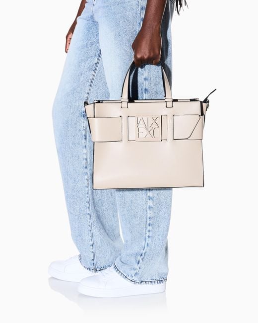 ARMANI EXCHANGE Natural Large Tote Bag With Double Handles And Shoulder Strap