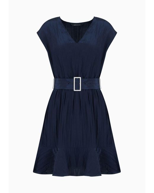 Armani Exchange Blue Flared Sleeveless Ruffle Dress Wrinkle Satin Fabric