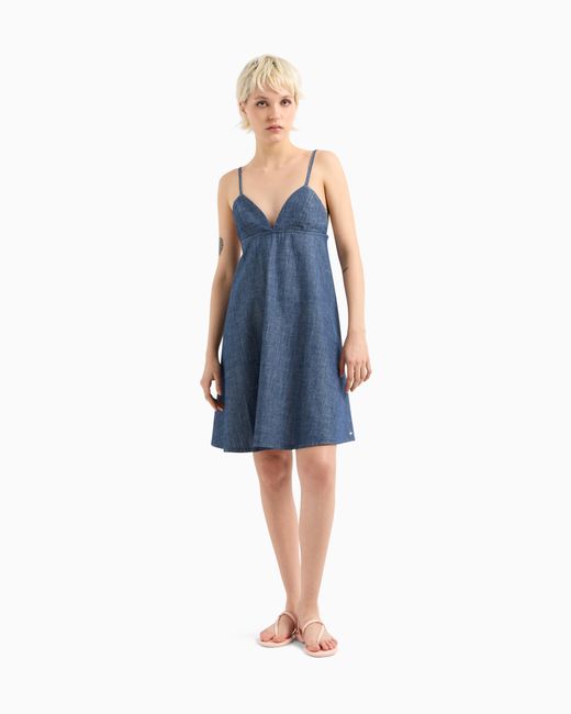 ARMANI EXCHANGE Blue Cotton Chambray Pleated Dress
