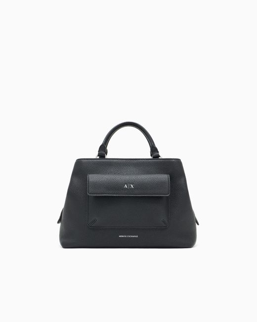 ARMANI EXCHANGE Blue Textured Handbag With Structured Top Handle And Flap Pocket