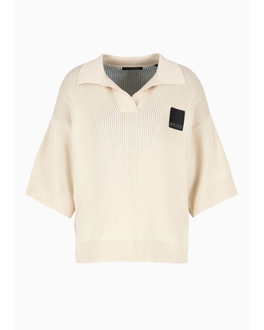 Armani Exchange Natural Knitted Polo Shirt With V-neck And Logo
