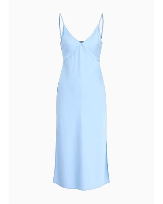 Armani Exchange Blue Long Dress In Satin Satin With Plunging Neckline