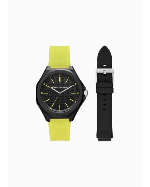 Conjunto De Correa Y Reloj De Silicona Amarilla Con Tres Manecillas Armani Exchange de color Black