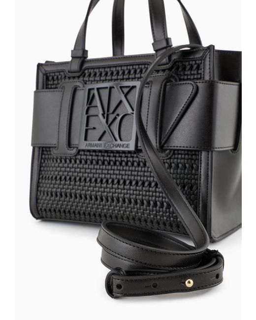 Armani Exchange Black Small Straw Tote Bag With Maxi Logo
