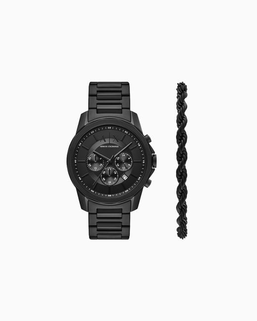 ARMANI EXCHANGE Black Chronograph Stainless Steel Watch And Bracelet Set for men