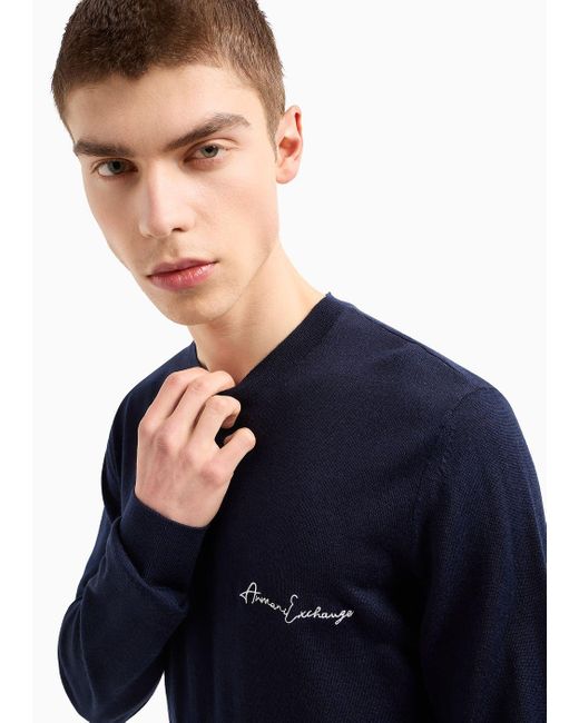 Armani Exchange Blue Crew-neck Sweater In Wool Blend With Logo On The Chest for men