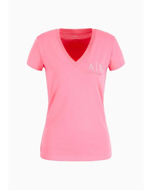 T-shirt Slim Fit Con Scollo A V In Jersey Stretch di Armani Exchange in Pink