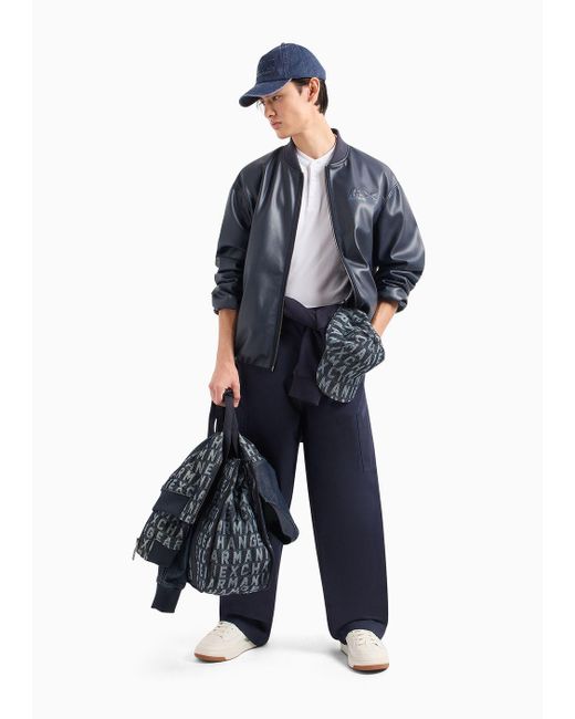 Armani Exchange Blue Coated Eco Leather Bomber Jacket for men